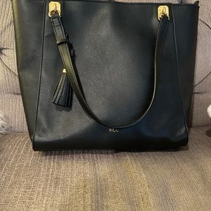 Ralph Lauren RLL black zip up tote bag w gold embellishment. Perfect for laptop.